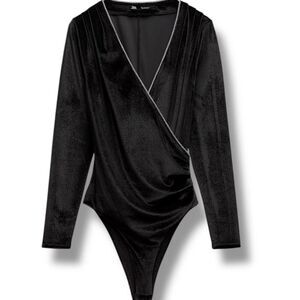 Zara Bodysuit M Black Velvet With Silver Sparkle Trim‎ Bloggers Fav Festive Days